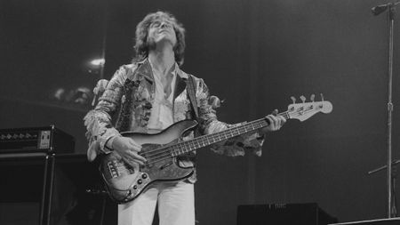 Bassist and keyboard player John Paul Jones performing with British heavy rock group Led Zeppelin, at Earl's Court, London, May 1975. The band were initially booked to play three nights at the venue, from 23rd to 25th May, but due to public demand, two more concerts were later added, for 17th and 18th May. 