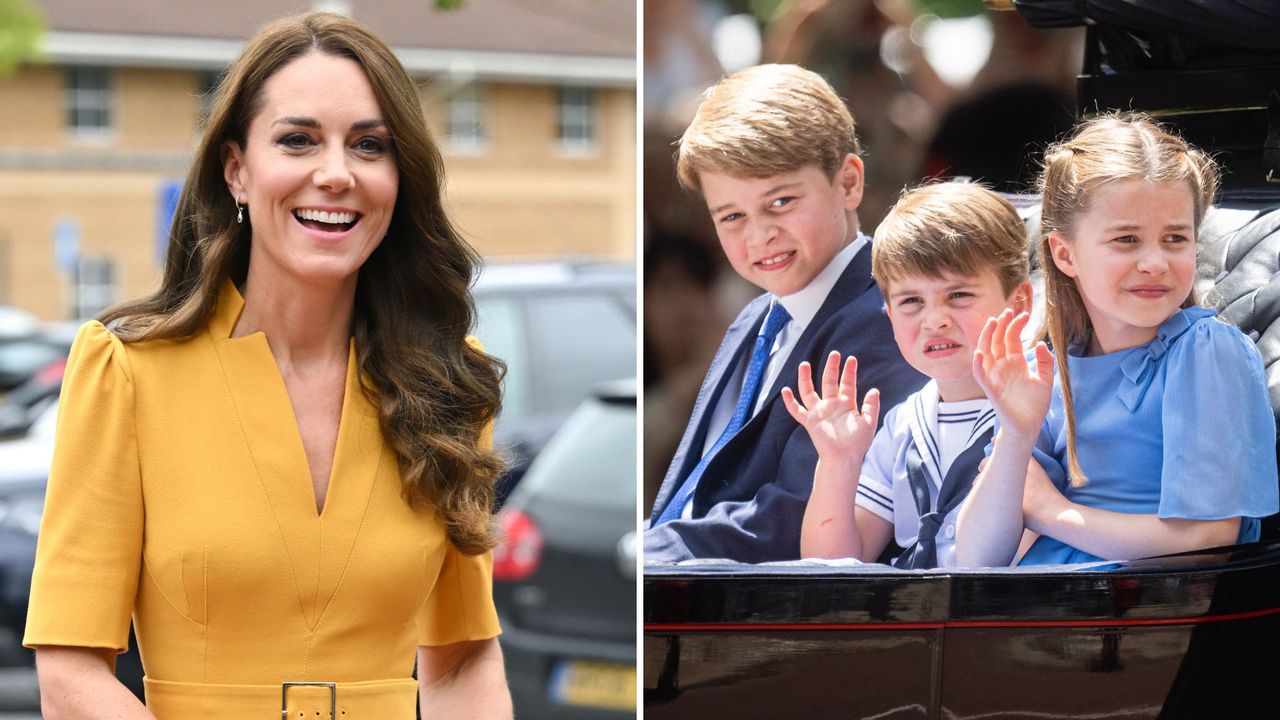 Composite of a picture of Kate Middleton visiting the Royal Surrey County Hospital&#039;s Maternity Unit at Royal Surrey County Hospital in 2022 and a picture of Prince George, Charlotte and Louis in a carriage at Trooping the Colour 2022