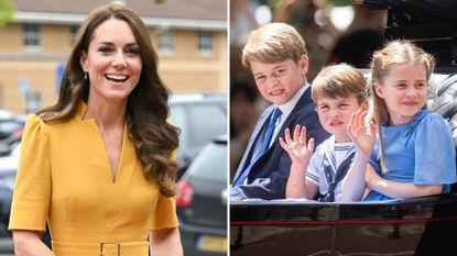 Composite of a picture of Kate Middleton visiting the Royal Surrey County Hospital&#039;s Maternity Unit at Royal Surrey County Hospital in 2022 and a picture of Prince George, Charlotte and Louis in a carriage at Trooping the Colour 2022