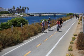People cycling on Ballona Creek Bike Path, Culver City