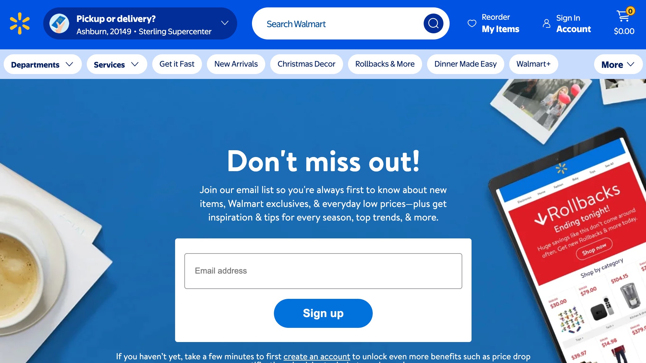 A Walmart website banner promoting email newsletter signup with the text &amp;quot;Don&#039;t miss out!&amp;quot; and an image of a tablet showing Rollbacks deals.