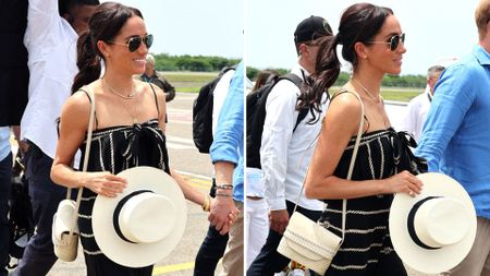 Composite of two pictures of Meghan Markle in Cartagena wearing a co-ord and crossbody bag, carrying a hat