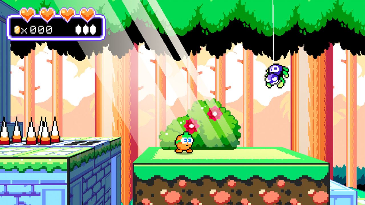 Rog on middle of platform, light shafts streaming down, Spider hanging at right side of screen