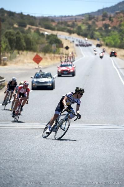 Livestrong rider Joseph Lewis leads the break into the corner as the bunch chases them down.
