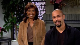 Telma Hopkins and Bryton James smiling as a part of The Young and the Restless