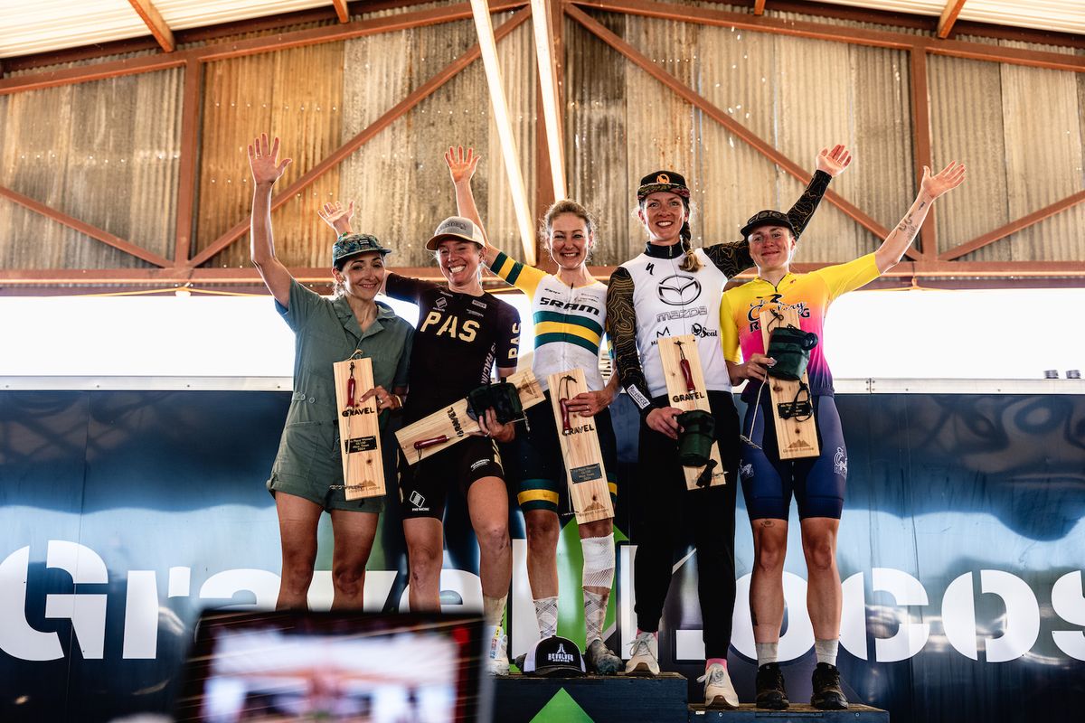 The women's podium at the 150 'La Loca' event at the 2024 Gravel Locos
