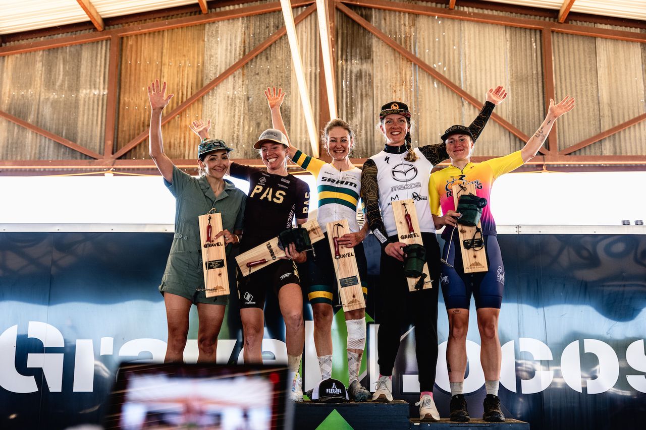 The women's podium at the 150 'La Loca' event at the 2024 Gravel Locos