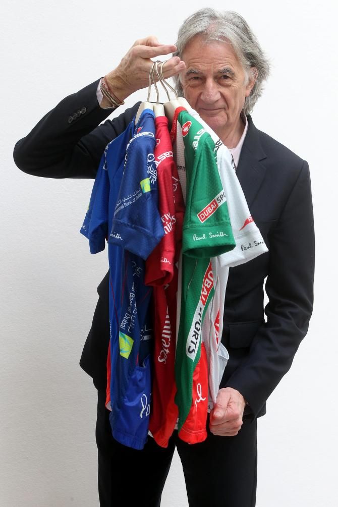 Paul Smith holds the 2015 Dubai Tour jerseys