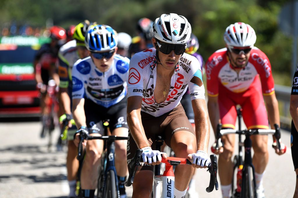 MOS SPAIN SEPTEMBER 04 Clment Champoussin of France and AG2R Citren Team competes in the breakaway during the 76th Tour of Spain 2021 Stage 20 a 2022km km stage from Sanxenxo to Mos Alto Castro de Herville 502m lavuelta LaVuelta21 on September 04 2021 in Mos Spain Photo by Tim de WaeleGetty Images