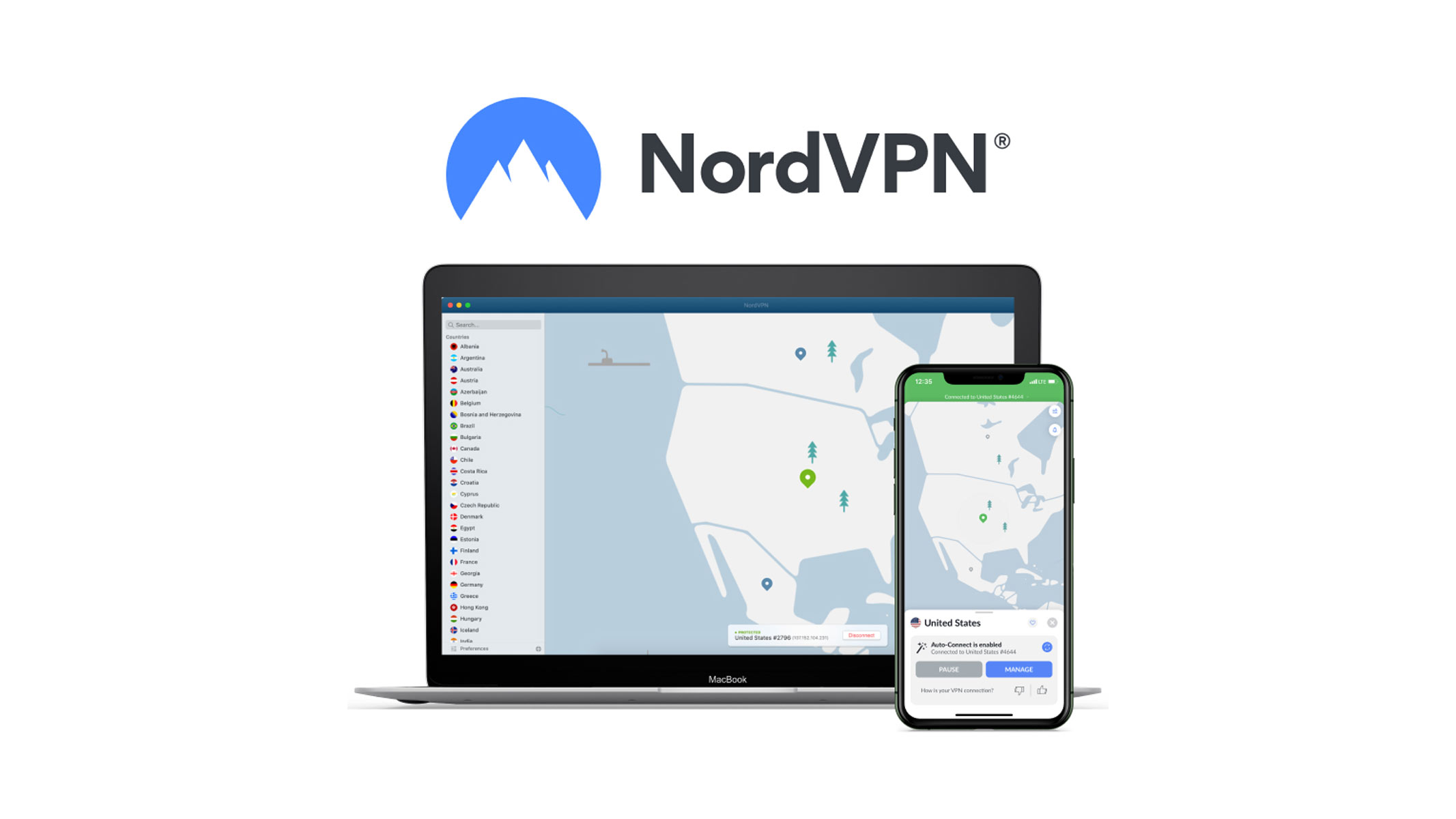A laptop and a mobile phone screen are displaying a map of the USA with a few pin points located, on a white background with the NordVPN logo above it.