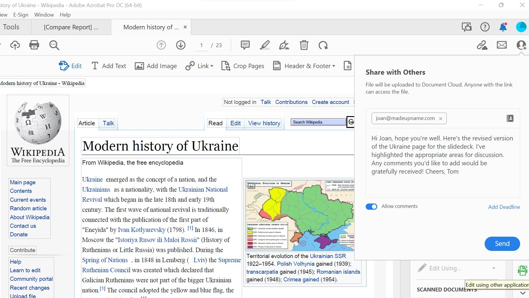 Screengrab of Adobe Acrobat Pro DC showing sharing functionality