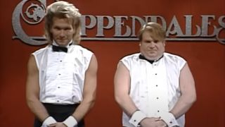 Patrick Swayze and Chris Farley in Chippendales sketch on SNL.
