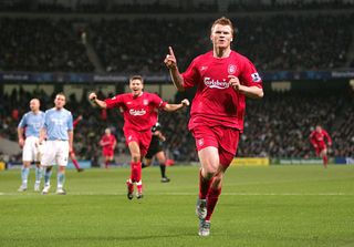 John Arne Riise celebrates after scoring for Liverpool against Manchester City, 2005