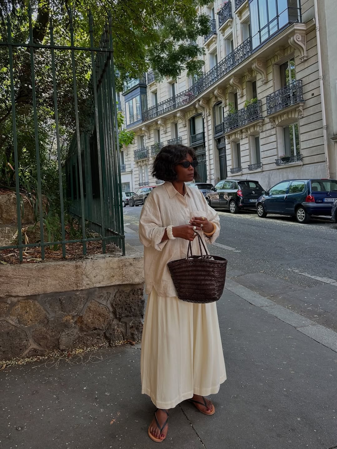 Fran wearing woven bag