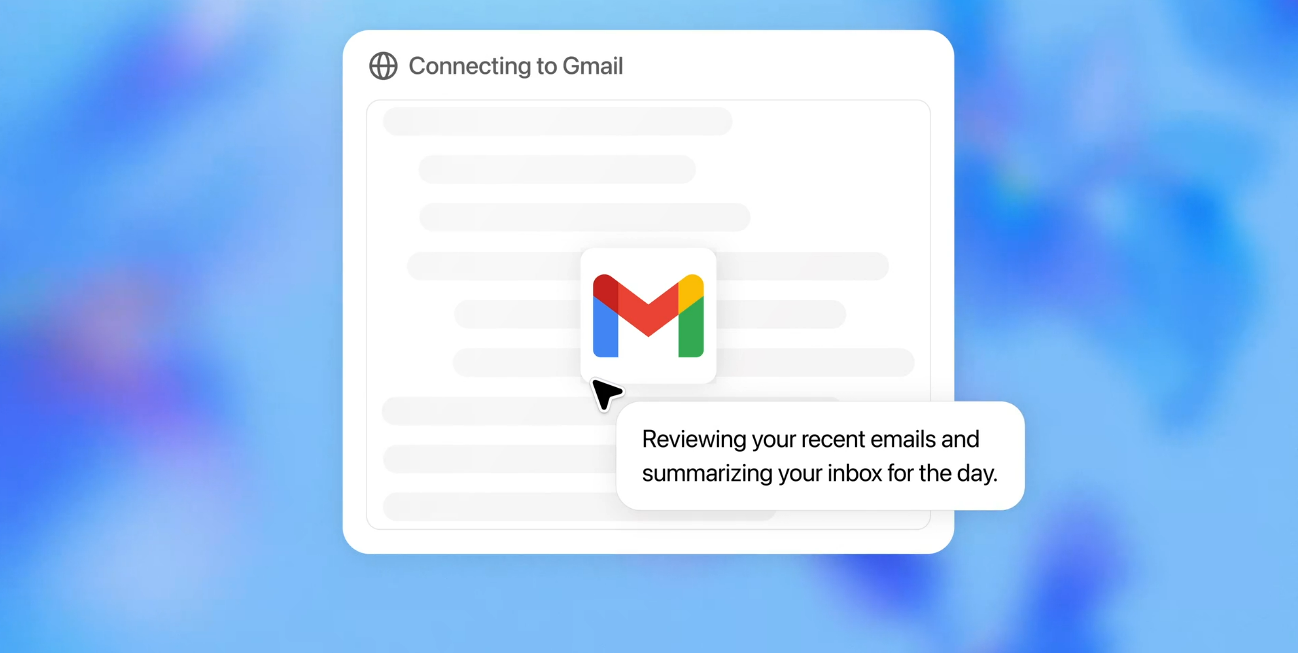 ChatGPT agent example image from OpenAI showing the agentic AI tool connecting to Gmail.