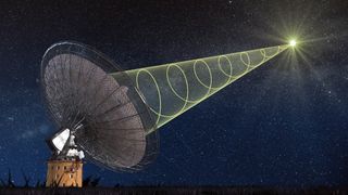 a large satellite dish receives a yellow colored signal from a distant source.