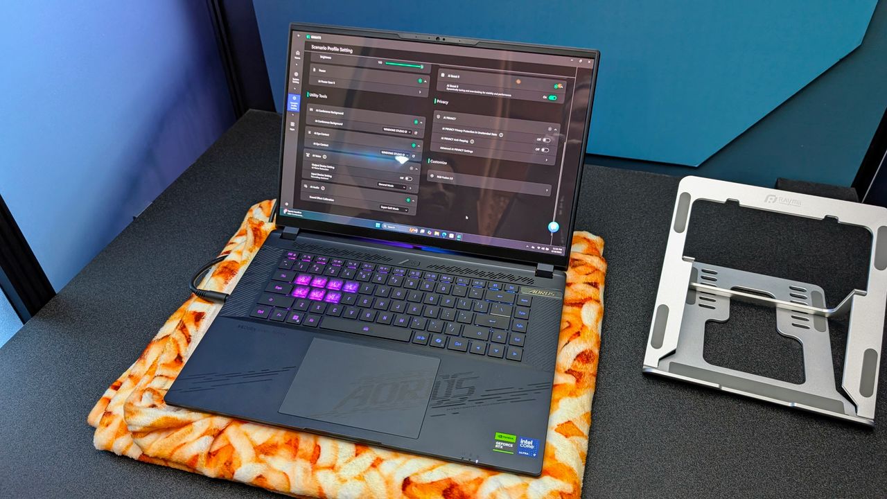 Gigabyte laptop on a blanket to demo soft surface sound mode