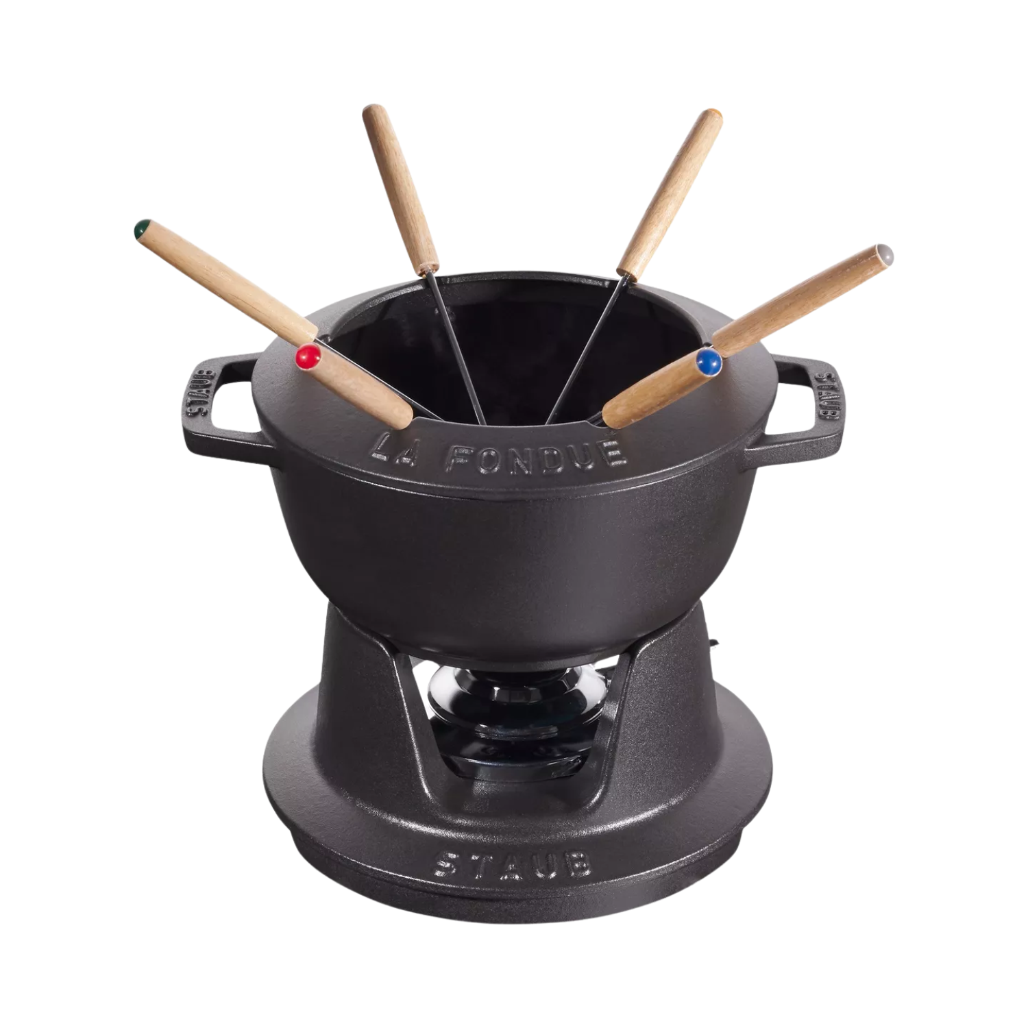 A black cast iron fondue bowl by STAUB