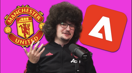 An image of Manchester United fan Frank Ilett on a magenta background with the Manchester United logo and Adobe logo