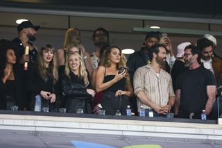 Taylor Swift, Brittany Mahomes, Blake Lively, Hugh Jackman, and Ryan Reynolds watch from the stands during an NFL football game between the New York Jets and the Kansas City Chiefs at MetLife Stadium on October 1, 2023 in East Rutherford, New Jersey