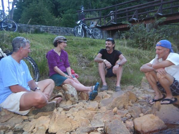 River social meeting and comparing notes on the day's stage. Tom Ritchie sat out stage 2 due to a stomach bug, but was back racing for stage 3.