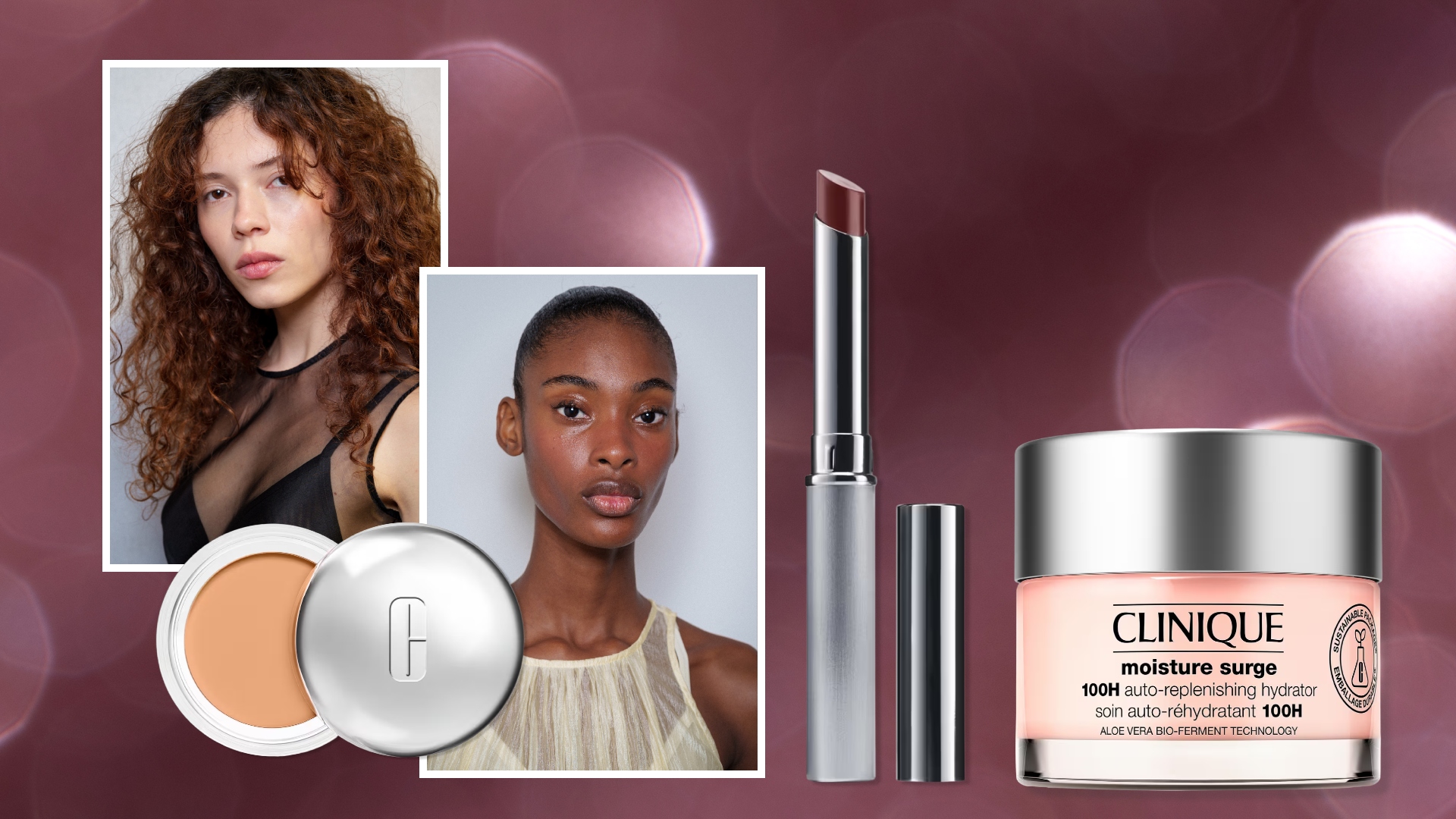 plum background with two models with clear skin and three clinique products in glass and siver packaging