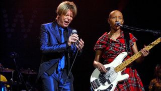 David Bowie and Gail Ann Dorsey in Paris, France on September 25, 2002