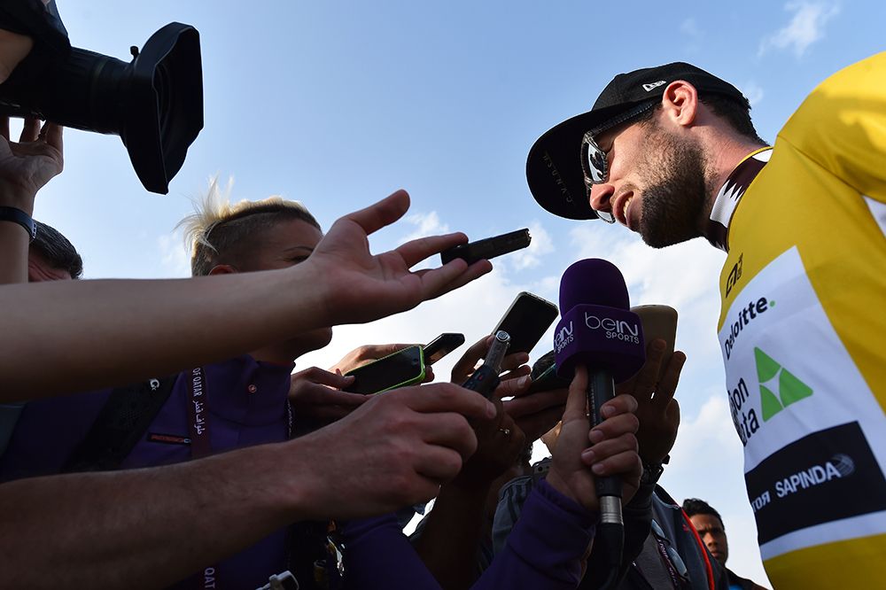 Mark Cavendish talks to the media after winning stage 1