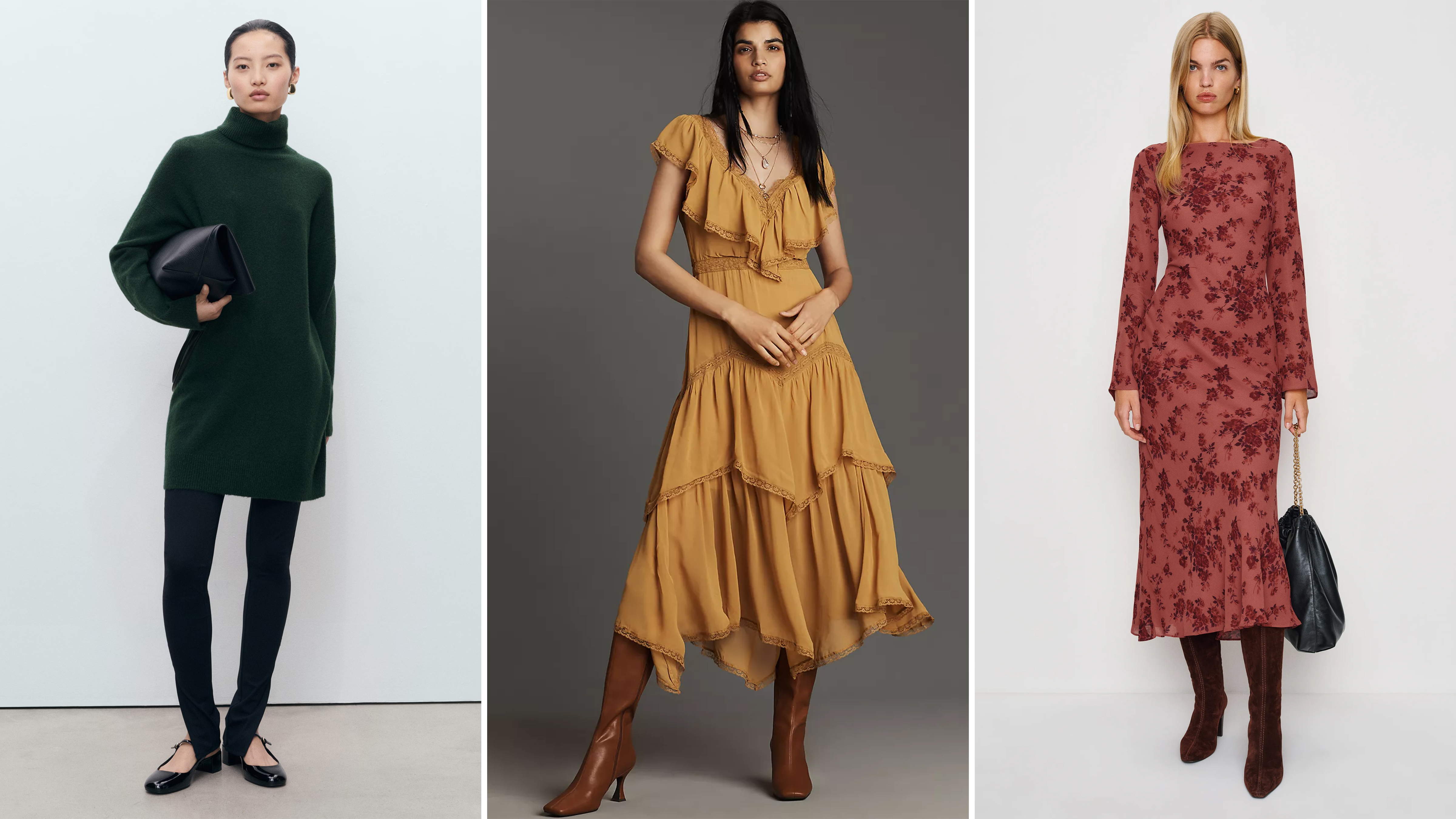 Collage of models wearing a turtleneck knit dress from Mango, By Anthropologie Short-Sleeve V-Neck Ruffle Midi Dress, and Esra Dress from Reformation.
