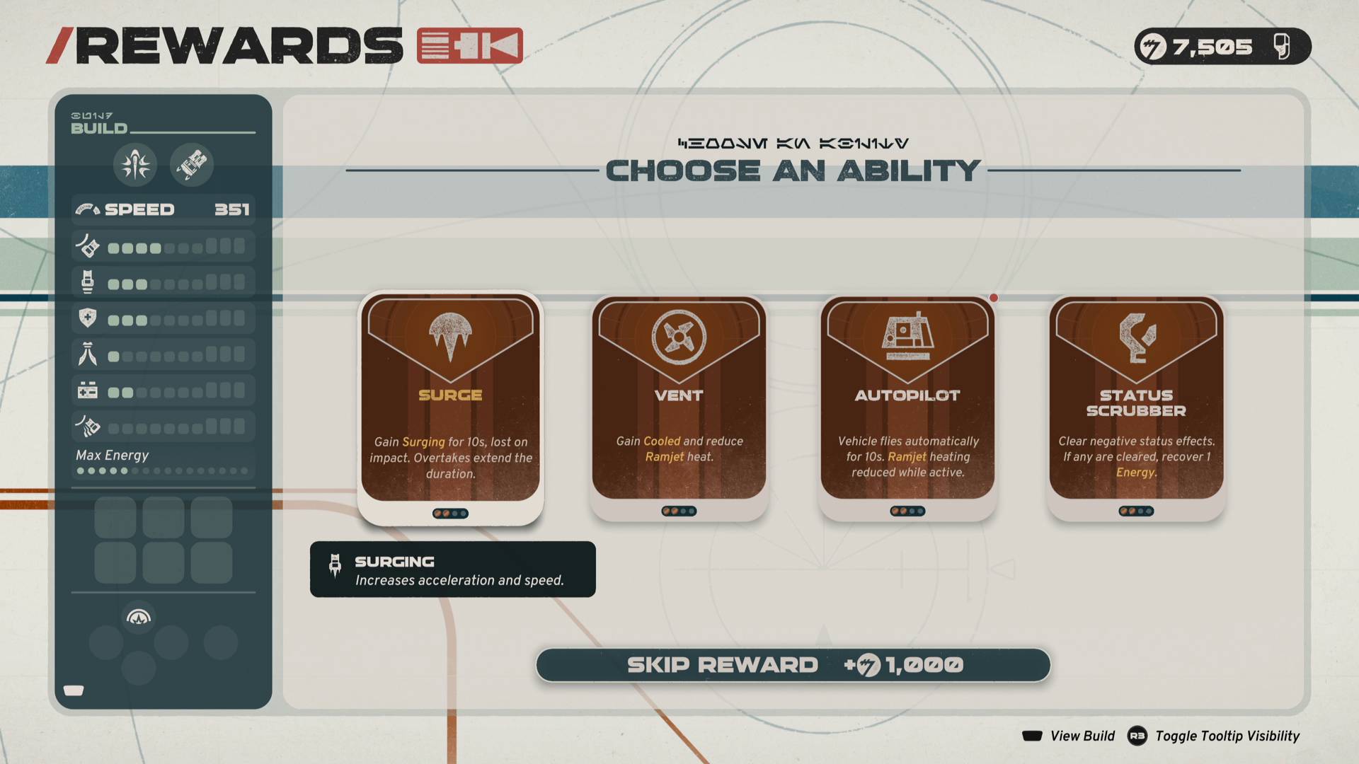 Star Wars Galactic Racer rewards screen with abilities to choose from, such as Surge and Autopilot