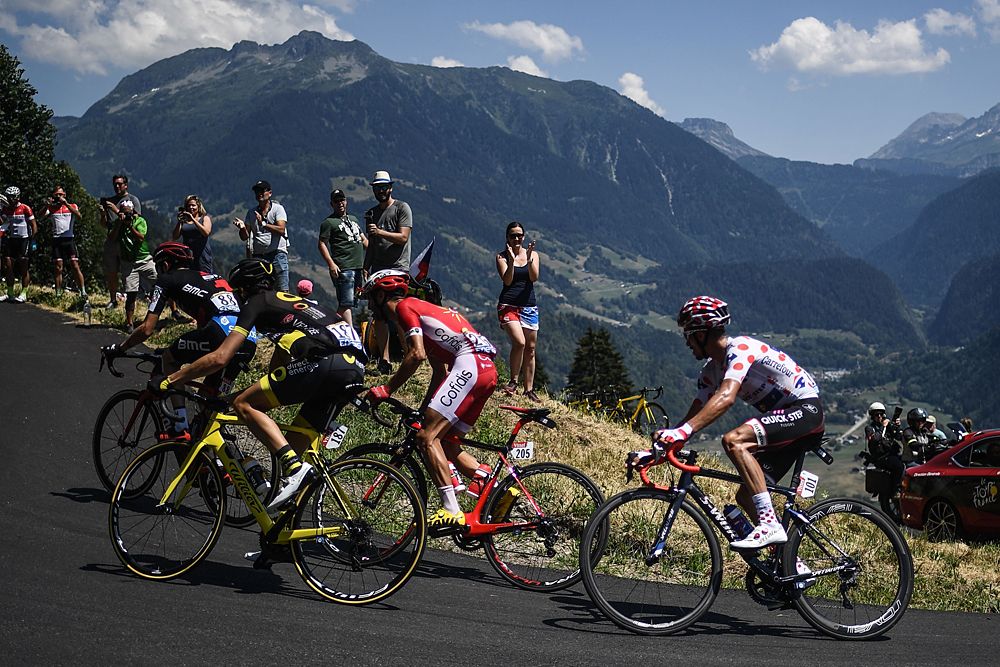 The breakaway during stage 11 at the Tour de France - France's Warren Barguil, Italy's Damiano Caruso, US Tejay Van Garderen, France's Romain Sicard, Spain's Daniel Navarro (Behind Sicard) and France's Julian Alaphilippe, wearing the best climber's polka dot jersey, ride in the ascent of Bisanne