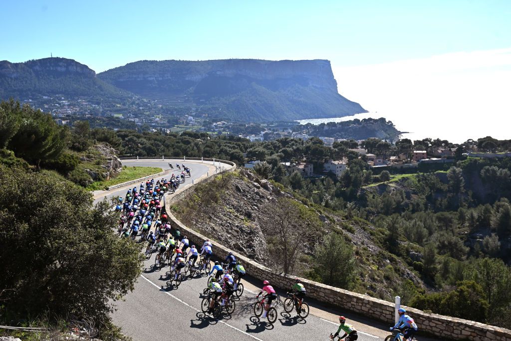 SAINTVICTORET FRANCE FEBRUARY 14 A general view of the peloton competing during the 9th Tour de la Provence 2025 Stage 1a 1693km stage from Marseille to SaintVictoret on February 14 2025 in SaintVictoret France Photo by Billy CeustersGetty Images