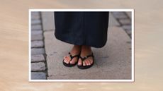 A person (Emili Sindlev) is seen wearing a navy maxiskirt with woven-patterned fabric from ROTATE, and black glitter flip-flops from Chanel, with a French tip pedicure, before the Rotate x Vogue Breakfast during the Copenhagen Fashion Week (CPHFW) SS25 on August 05, 2024 in Copenhagen, Denmark/ in a beige to grey sunset-style template