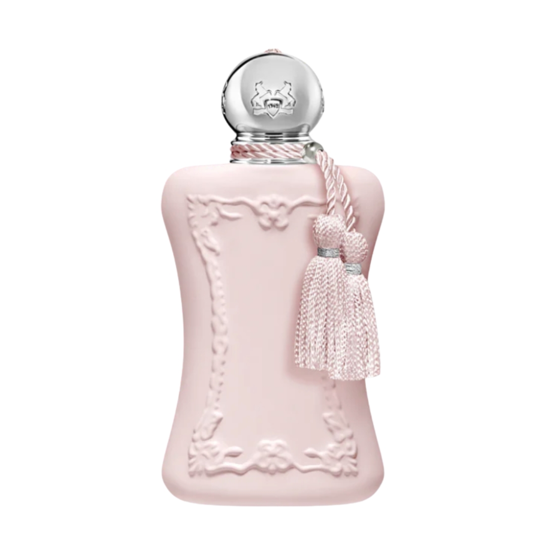 A product shot of the Parfums de Marly Delina eau de parfum, with its pink bottle and tassels, on a white background