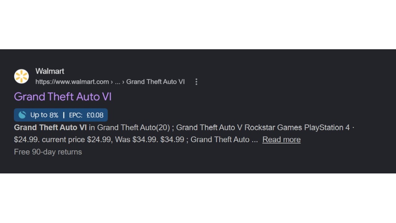 Walmart Google Search result showing GTA 6 product page