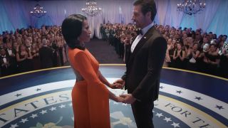 Kron Moore and Ed Quinn face each other during the inaugural ball in Tyler Perry's The Oval.