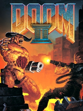 Doom 2 cover art with Doomguy pointing the demon downwards