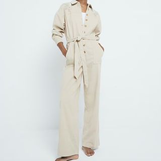 River Island Beige Corduroy Cutwork Jumpsuit