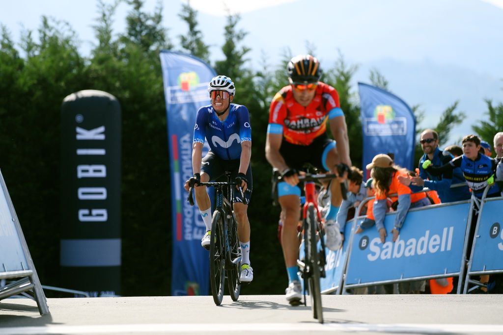 AMASAVILLABONA SPAIN APRIL 05 Enric Mas of Spain and Movistar Team crosses the finish line as third place during the 62nd Itzulia Basque Country Stage 3 a 1539km stage from Errenteria to AmasaVillabona 167m UCIWT on April 05 2023 in AmasaVillabona Spain Photo by David RamosGetty Images