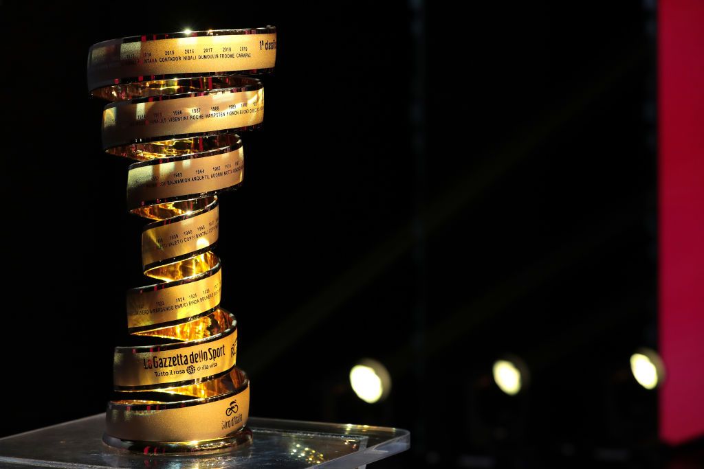 The trophy on display at the 2020 Giro d'Italia presentation