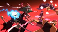 The playable characters from Slay the Spire 2 jumping to attack, an action shot against a red background