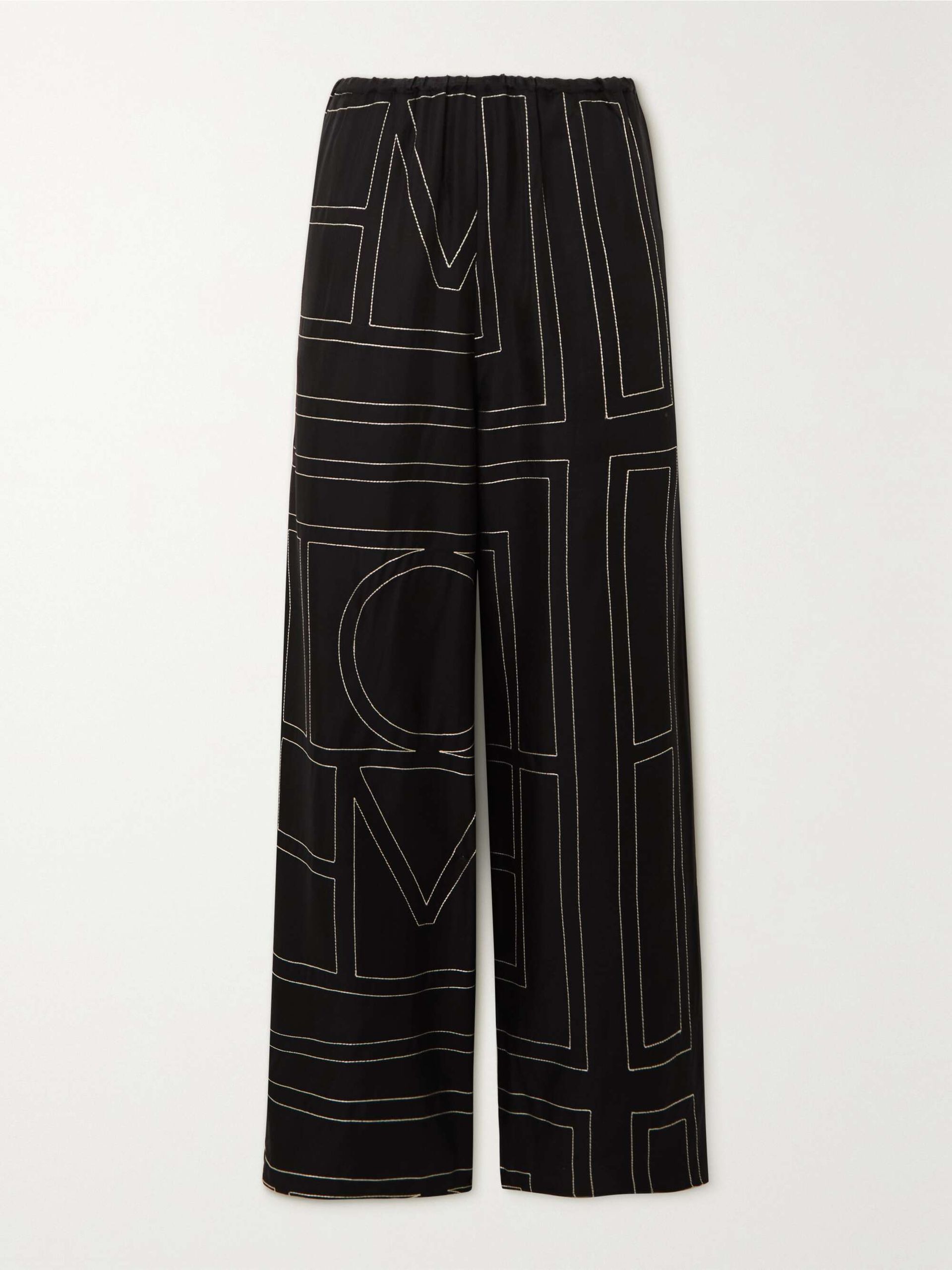 Embroidered Silk-Twill Wide-Leg Pants