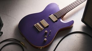 Harley Benton Fusion-T II HH RW HT in Purple Metallic finish with gold hardware. Shot on white surface.