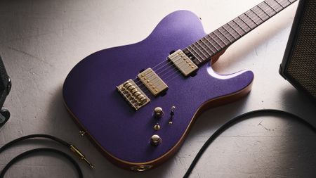 Harley Benton Fusion-T II HH RW HT in Purple Metallic finish with gold hardware. Shot on white surface.