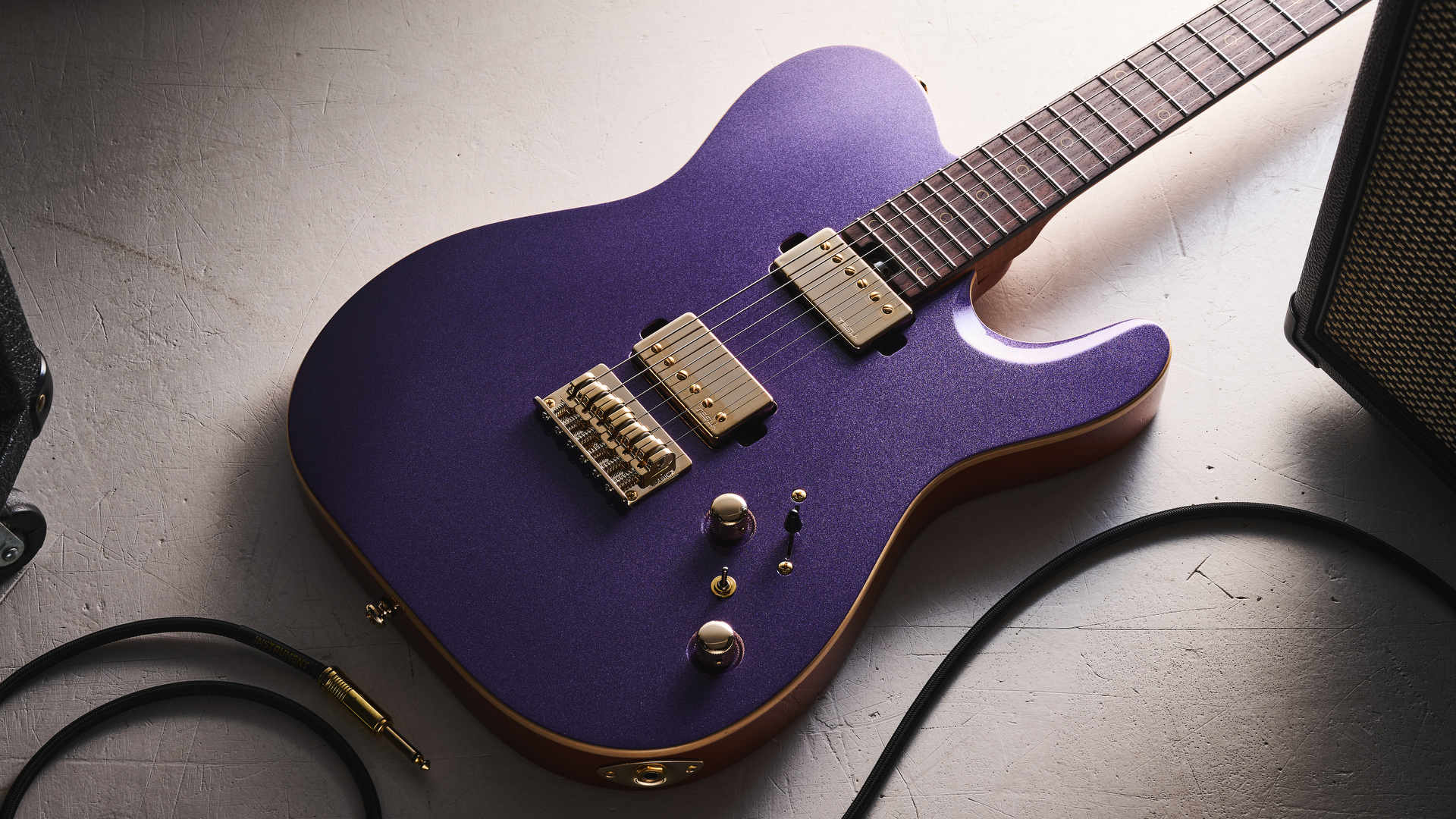Harley Benton Fusion-T II HH RW HT in Purple Metallic finish with gold hardware. Shot on white surface.