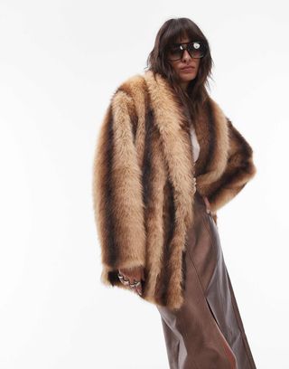 Topshop Faux Fur Midi Coat in Cream and Brown Stripe