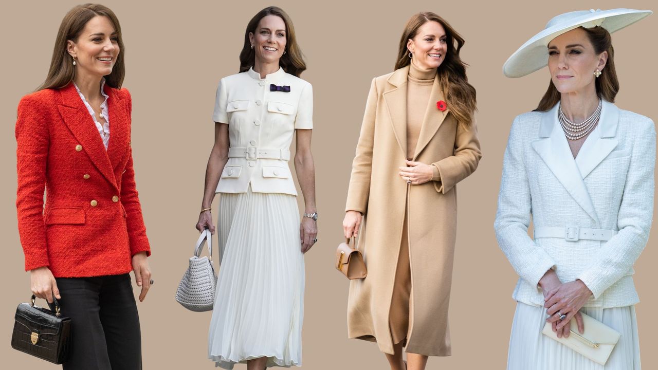 Four images of Kate Middleton carrying handbags by Aspinal, Anya Hindmarch, DeMellier and Strathberry