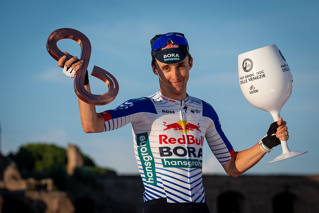 ROME, ITALY - 2026/05/31: Jai Hindley of Australia and Team Red Bull - BORA - hansgrohe on third place seen on the podium during the award ceremony at the 109th Giro d'Italia 2026 Stage 21, a 131km stage from Rome to Rome s' 1289m. (Photo by Stefano Costantino/SOPA Images/LightRocket via Getty Images)