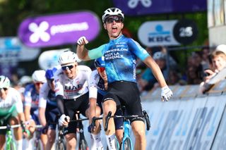 French Benoit Cosnefroy of Decathlon Ag2r La Mondiale Team celebrates as he crosses the finish line to win the men's 'Brabantse Pijl' one day cycling race, 195,2 km from Leuven to Overijse on Wednesday 10 April 2024.
BELGA PHOTO DAVID PINTENS (Photo by DAVID PINTENS / BELGA MAG / Belga via AFP)