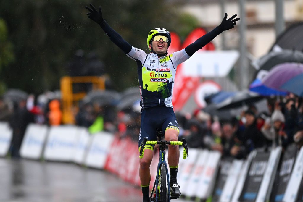 LLOSETA SPAIN JANUARY 28 Kobe Goossens of Belgium and Team IntermarcheCircus celebrates at finish line as race winner during the 32nd Challenge Ciclista Mallorca 2023 Trofeo Serra de Tramuntana a 123km one day race from Lloseta to Lloseta Race route modified due to bad weather conditions ChallengeMallorca on January 28 2023 in Lloseta Spain Photo by Dario BelingheriGetty Images